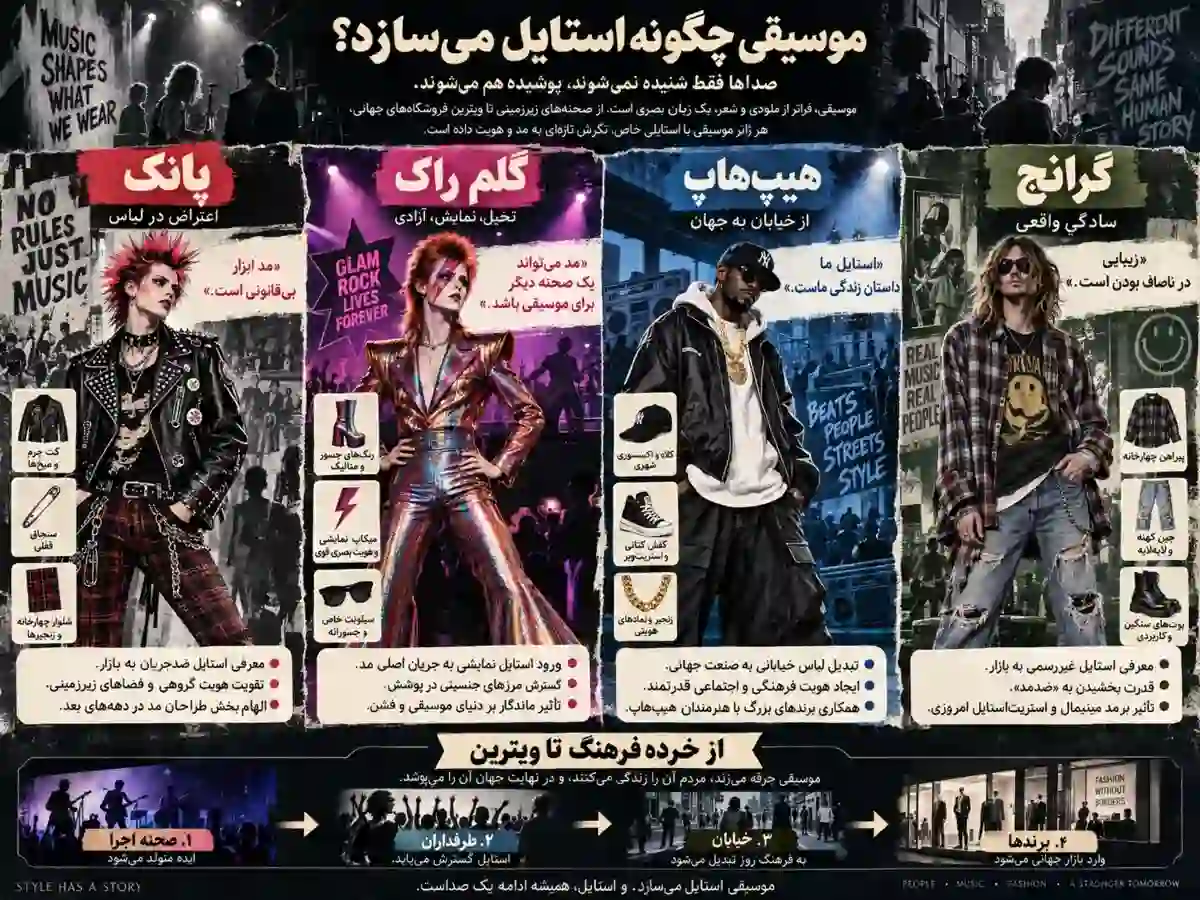 تاثیر سینما و موسیقی بر بازار مد در تاریخ معاصر 3 اینفوگرافیک تاثیر سبک های موسیقی بر استایل و مد