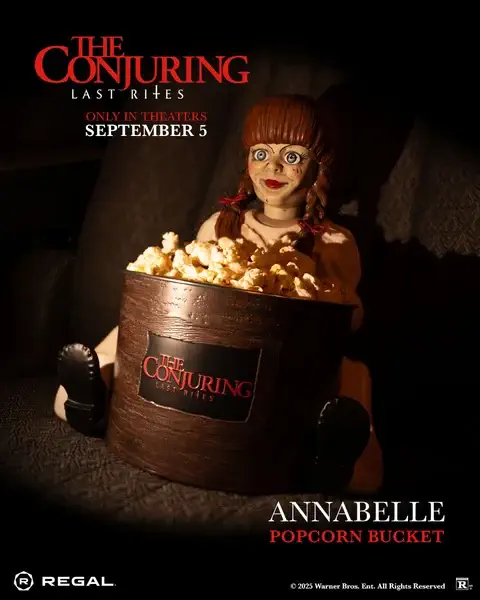 The Conjuring 4 promotional popcorn bucket featuring the Annabelle doll design 1